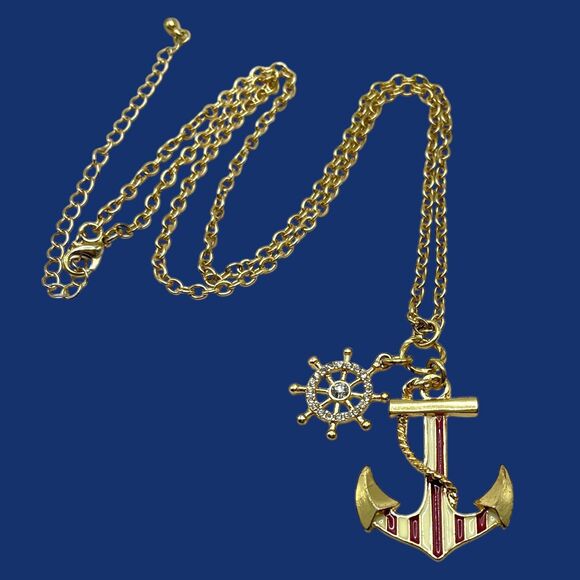 Vintage Anchor Pendant Necklace Gold Tone Red Striped Enamel Nautical Sailor 27" - Picture 3 of 8